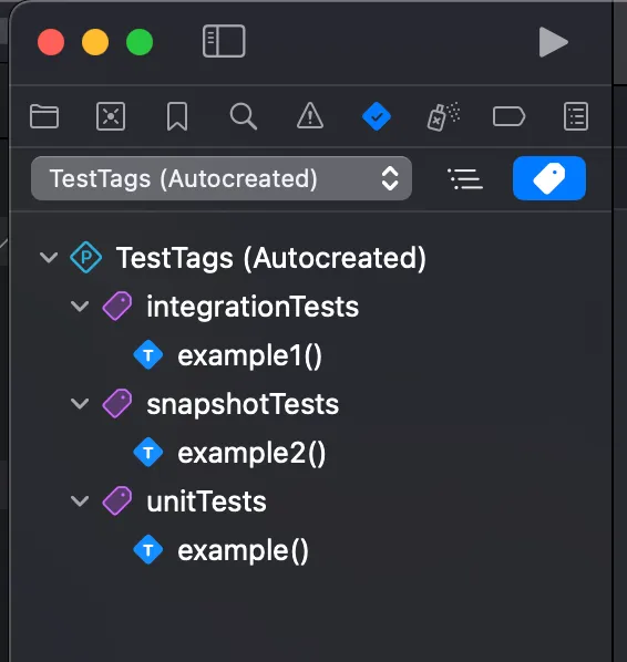 Xcode Test Navigator showing tests organised by tags